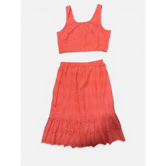 Calypso St. Barth Dresses & Skirts - Calypso St. Barth Womens Coral Eyelet Lace 2 Piece Set Crop Top Midi Skirt M